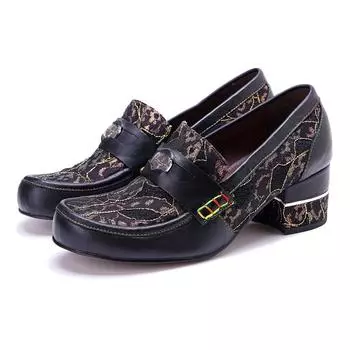 Johnature Handmade Натуральная Кожа Туфли-лодочки Ретро Сращивание Удобные Лоферы Толстый Каблук Женские Туфли 36 чёрный