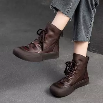 Johnature Handmade Retro Короткие ботинки на толстой подошве Универсальные удобные женские туфли на плоской подошве для поездок на работу 35 чёрный