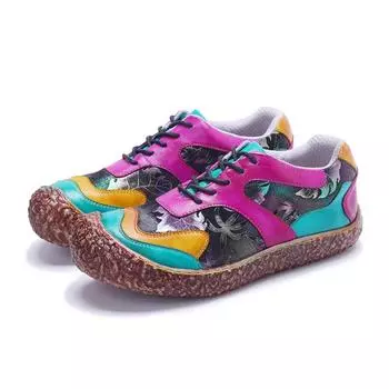 Johnature Handmade Retro Printed Натуральная кожа со шнуровкой Удобные женские туфли на плоской подошве с мягкой подошвой 36 разноцветный