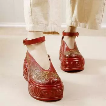 Johnature Handmade Retro Толстая подошва Красные женские туфли из натуральной кожи Туфли на платформе с круглым носком 35 красный