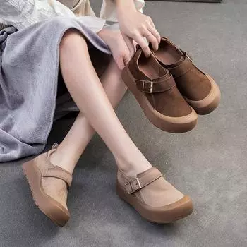 Johnature Handmade Retro толстая подошва женская обувь из натуральной кожи с круглым носком универсальная плоская обувь 35 коричневый