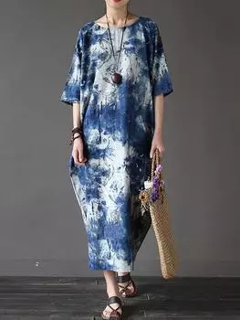 Johnature, хлопковое и льняное винтажное платье с краской, с половиной рукавом, свободное весеннее женское сине-белое платье больших размеров One Size синий