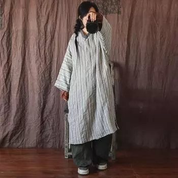 Johnature, хлопковое и льняное женское платье на весну и осень, винтажная свободная одежда с v-образным вырезом и длинными рукавами, повседневные двойные платья в полоску One Size чёрный