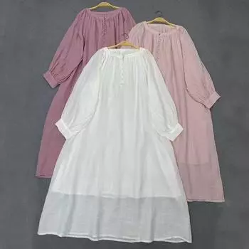 Johnature Хлопковое платье с полуоткрытым воротником, однотонное платье с короткими рукавами, женские летние винтажные японские платья миди One Size темно-розовый