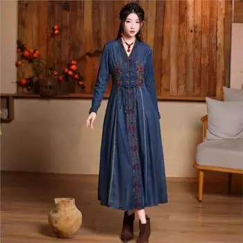 Johnature, хлопковое платье с v-образным вырезом и вышивкой в китайском стиле, винтажное ретро-платье, однобортное повседневное платье трапециевидной формы с длинными рукавами M синий