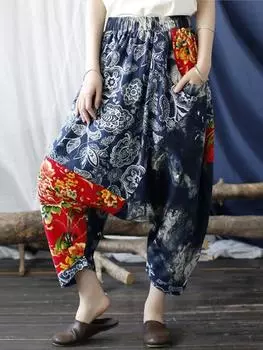 Johnature Хлопковые брюки длиной до щиколотки СВОБОДНЫЕ хлопковые льняные брюки с карманами, средние весенне-осенние женские винтажные брюки с эластичной резинкой на талии One Size синий