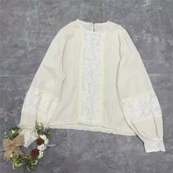 Johnature, хлопковые женские топы, весенние повседневные лоскутные кружевные топы с круглым вырезом, свободные винтажные женские рубашки Mori One Size бежевый