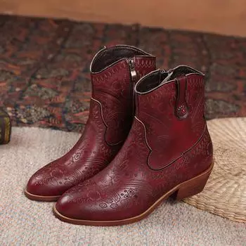 Johnature Hollow Carved Retro Натуральная кожа Короткие сапоги Этнический стиль Удобные толстые каблуки Женские сапоги 36 чёрный