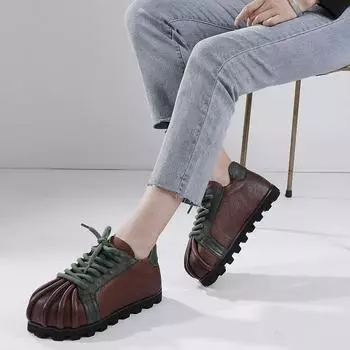 Johnature Inner Height Genuine Leather Handmade Women s Flat Shoes Retro Mixed Colors Lace Up Soft Soled Shoes