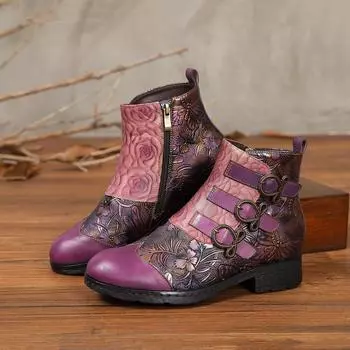 Johnature из натуральной кожи, изысканные ботильоны с тиснением, женская обувь, короткие ботинки ручной работы с круглым носком в этническом стиле 36 тёмно-рыжий