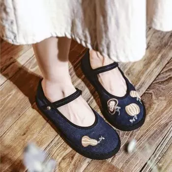 Johnature изысканные женские тканевые туфли ручной работы с вышивкой, женские туфли на плоской подошве с круглым носком в этническом стиле 39 синий