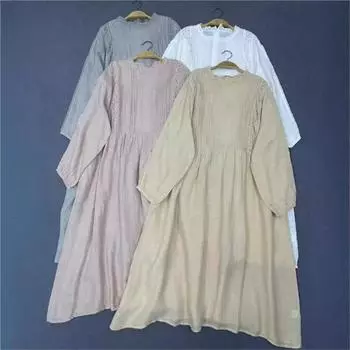 Johnature Japanese Autumn Lace Stand Collar Long Sleeve Dress Loose Pressed Pleated Vintage High Dresses One Size серый