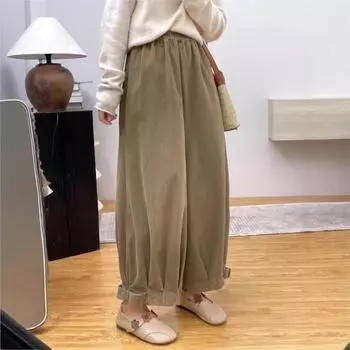 Johnature Japanese Corduroy Wide-leg Pants Women Autumn Loose Versatile Casual Retro Corset Pressed Pleated Pants One Size хаки