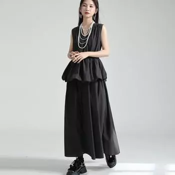 Johnature Japanese Designer V-neck Ruffled Bud Shirt Dresses Fashion Simple Sleeveless Vest Cloud Puffy Dresses One Size чёрный