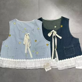 Johnature Japanese Embroidered Print Panels Lace Loose Ties Women Casual Layering Denim Coats One Size темно-синий