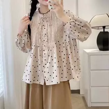 Johnature Japanese Embroidery Lace Polka Dot Shirt Spring Summer Casual Balloon Sleeve Shirt Women Loose Forest Tops One Size хаки