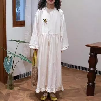 Johnature Japanese Forest Fungus Stand-up Collar Dress Spring Loose Vintage Casual Versatile Women Dresses One Size розовый