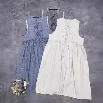 Johnature Japanese Fried-edged Lace-up Vest Dresses Spring Summer Smock Layered Casual Loose Women Dresses One Size синий