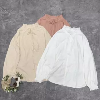 Johnature Japanese Fungus Lace-up Shirt Retro Stand Collar Long Sleeve Loose Cotton Shirt Autumn Winter Versatile Tops One Size розовый