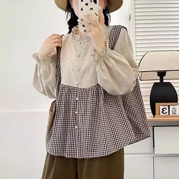 Johnature Japanese Fungus Trim Collar Plaid Shirt Casual Vintage Long Sleeve Stitched Retro Loose Shirt Women One Size чёрный