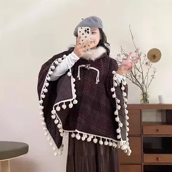 Johnature Japanese Hooded Plaid Cotton Tassel Cape Women Coats Winter Loose Versatile Casual Jacket Women One Size кофейный