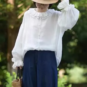 Johnature Japanese Palace Style Double-collar Sleeve Shirt Women Spring Autumn Loose Solid Color Shirts One Size бежевый