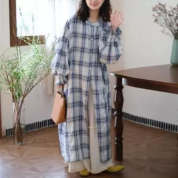 Johnature Japanese Plaid Long Shirt Women Spring Retro Loose Balloon Sleeve O-neck Shirts One Size синий