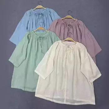 Johnature Japanese Pressed Pleated Summer Blouses Neckline Tie Solid Color Short Sleeve Loose Versatile Shirts