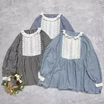 Johnature Japanese Spring Lace Striped Pullover Shirt Spring Fungus Edge Forest Pullover Casual Ruffles Women Tops One Size темно-синий