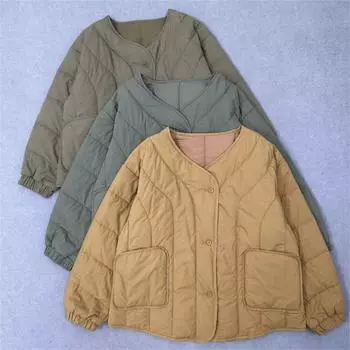 Johnature Japanese Women Casual Retro V-neck Jackets Autumn Winter Loose Solid Color Cotton Warm Thin Render Coats One Size зелёный