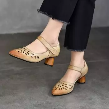 Johnature Элегантные женские сандалии из натуральной кожи на высоком каблуке в стиле ретро с острым носком 36 коричневый