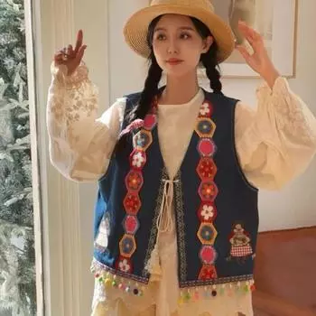 Johnature Этнические винтажные нежные красочные вышитые джинсовые потертые с V-образным вырезом панели со шнуровкой и кисточками женские пальто One Size светло-зеленый