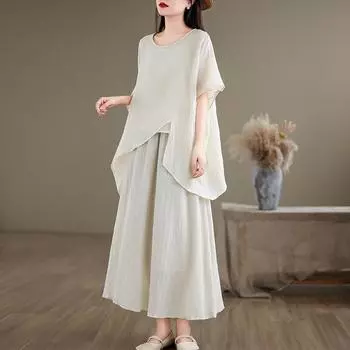 Johnature Китайские комплекты нерегулярные свободные простые летние женские свободные однотонные комплекты M синий