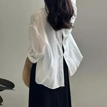 Johnature Китайские тонкие солнцезащитные рубашки на пуговицах с диском, женские летние повседневные свободные рубашки с разрезами и длинными рукавами