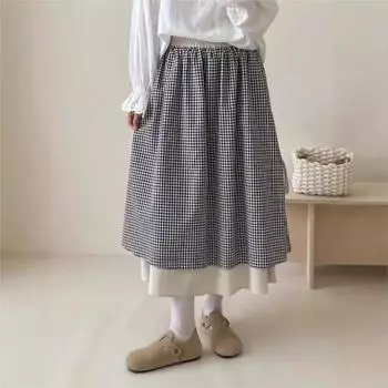Johnature Клетчатая хлопковая двойная юбка для женщин весна-осень Mori повседневные свободные юбки-трапеции с завязками по бокам One Size чёрный