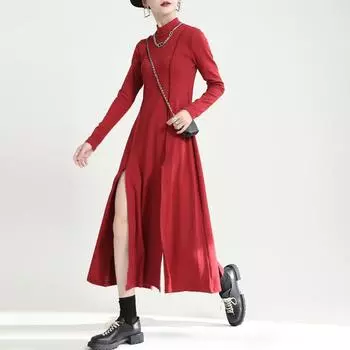 Johnature Knitting High Slits Sexy Fashion Women Dresses Winter Solid Color All Match Render Irregular Female Dress One Size чёрный