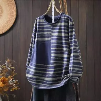Johnature Контрастная полосатая футболка с длинными рукавами, свободная повседневная женская зимняя футболка с круглым вырезом в китайском стиле в винтажном стиле One Size тёмно-синий