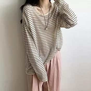 Johnature Korean Stripe Long Sleeve Thin Knit T-Shirt Women Summer Loose Dropped Sleeve Sunscreen Breathable Casual Top