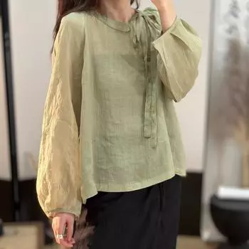 Johnature Корейская однотонная рубашка с круглым вырезом и уздечкой, осенняя женская модная повседневная свободная рубашка с длинными рукавами One Size абрикосовый