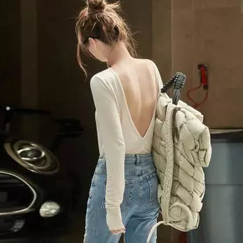 Johnature Корейская версия, сексуальная открытая спина, эластичная вязаная летняя футболка, облегающие повседневные топы для женщин S чёрный