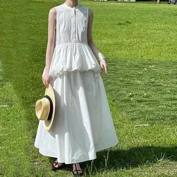 Johnature корейский стиль поддельные двухсекционные платья-жилет трапециевидной формы без рукавов для женщин летнее повседневное платье с рюшами и бутонами