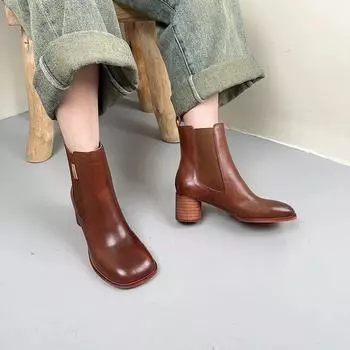 Johnature Короткие ботинки из натуральной кожи с квадратным носком на толстом каблуке, универсальная однотонная женская обувь 35 чёрный