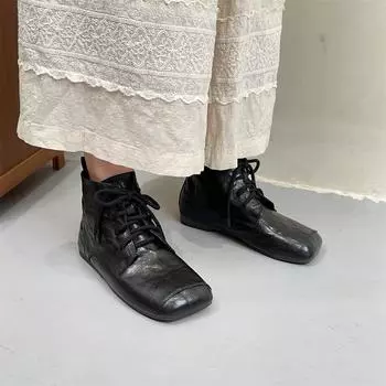 Johnature Короткие ботинки на плоской подошве из натуральной кожи в стиле ретро с квадратным носком и шнуровкой для женщин 35 чёрный