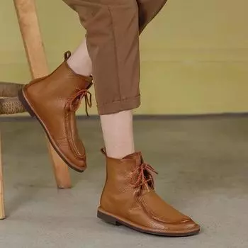 Johnature, короткие ботинки ручной работы из натуральной кожи в стиле ретро, однотонная женская обувь из воловьей кожи для отдыха на мягкой подошве со шнуровкой