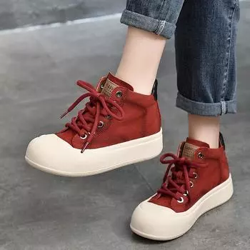 Johnature/короткие сапоги из натуральной кожи, универсальные повседневные женские туфли на плоской платформе со шнуровкой на толстой подошве и круглым носком 35 чёрный