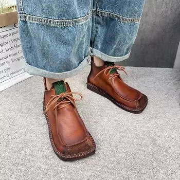 Johnature Короткие сапоги с квадратным носком, универсальные женские туфли на мягкой подошве на плоской подошве из натуральной кожи на шнуровке в стиле ретро 35 чёрный