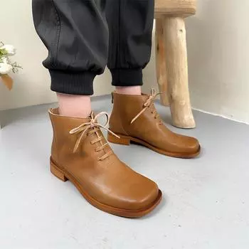 Johnature/Короткие сапоги с квадратным носком, женская обувь на мягкой подошве в стиле ретро из натуральной кожи со шнуровкой сзади и молнией сзади 35 чёрный