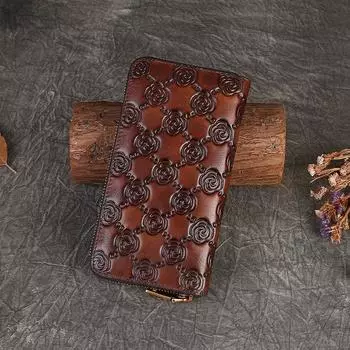 Johnature Кошелек держатель для карт из натуральной кожи винтажный тисненый женский длинный кошелек натуральный настоящий коровья кожа ручной кошелек темно-коричневого