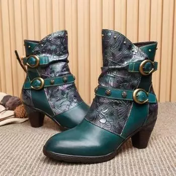 Johnature, красочные короткие сапоги из натуральной кожи, модные универсальные ботинки на высоком каблуке с тиснением в стиле ретро 36 синий