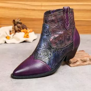 Johnature/красочные женские ботинки из натуральной кожи с градиентом, модные короткие сапоги с боковой молнией, женская обувь на среднем каблуке с острым носком